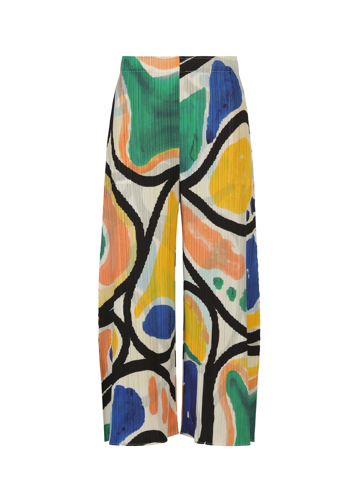 The ROLL pants by PLEATS PLEASE ISSEY MIYAKE feature a bold abstract pattern in green, yellow, blue, orange, and black on white. These wide-leg pants create a vibrant, artistic look that’s perfect for making a statement. view 2 of 7