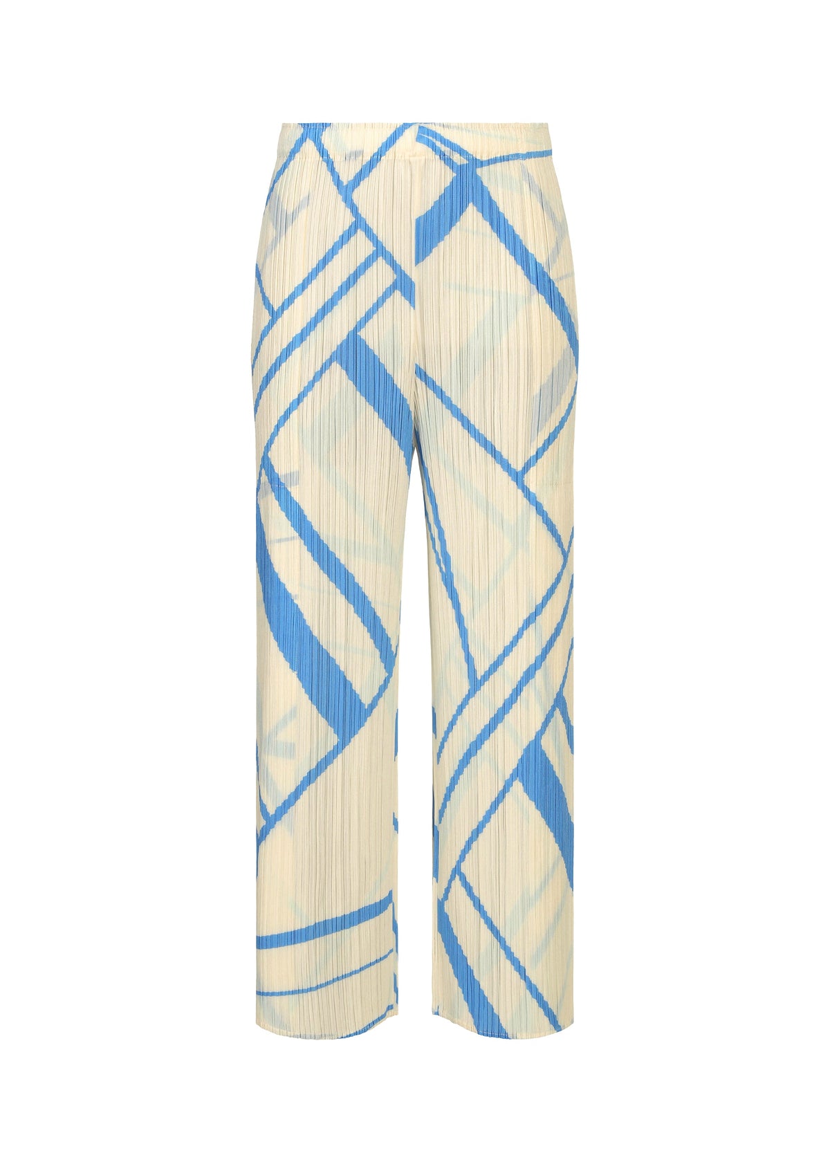 The FOLD LINE pants by PLEATS PLEASE ISSEY MIYAKE are pleated, high-waisted wide-leg pants in cream, adorned with bold, irregular blue diagonal stripes. Featuring a minimalist design and straight silhouette, these pants are shown against a plain white background. view 1 of 8