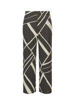 The FOLD LINE pants by PLEATS PLEASE ISSEY MIYAKE feature a minimalist design with a high waist, wide-leg silhouette, and pleated texture. They are black with an off-white abstract geometric line pattern and are displayed against a white background. - CHARCOAL （no.17）