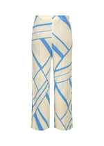 FOLD LINE pleated pants by PLEATS PLEASE ISSEY MIYAKE in cream, featuring an abstract blue diagonal wrapping line pattern. These straight, high-waisted pants have a loose fit and minimalist design, shown on a white background.