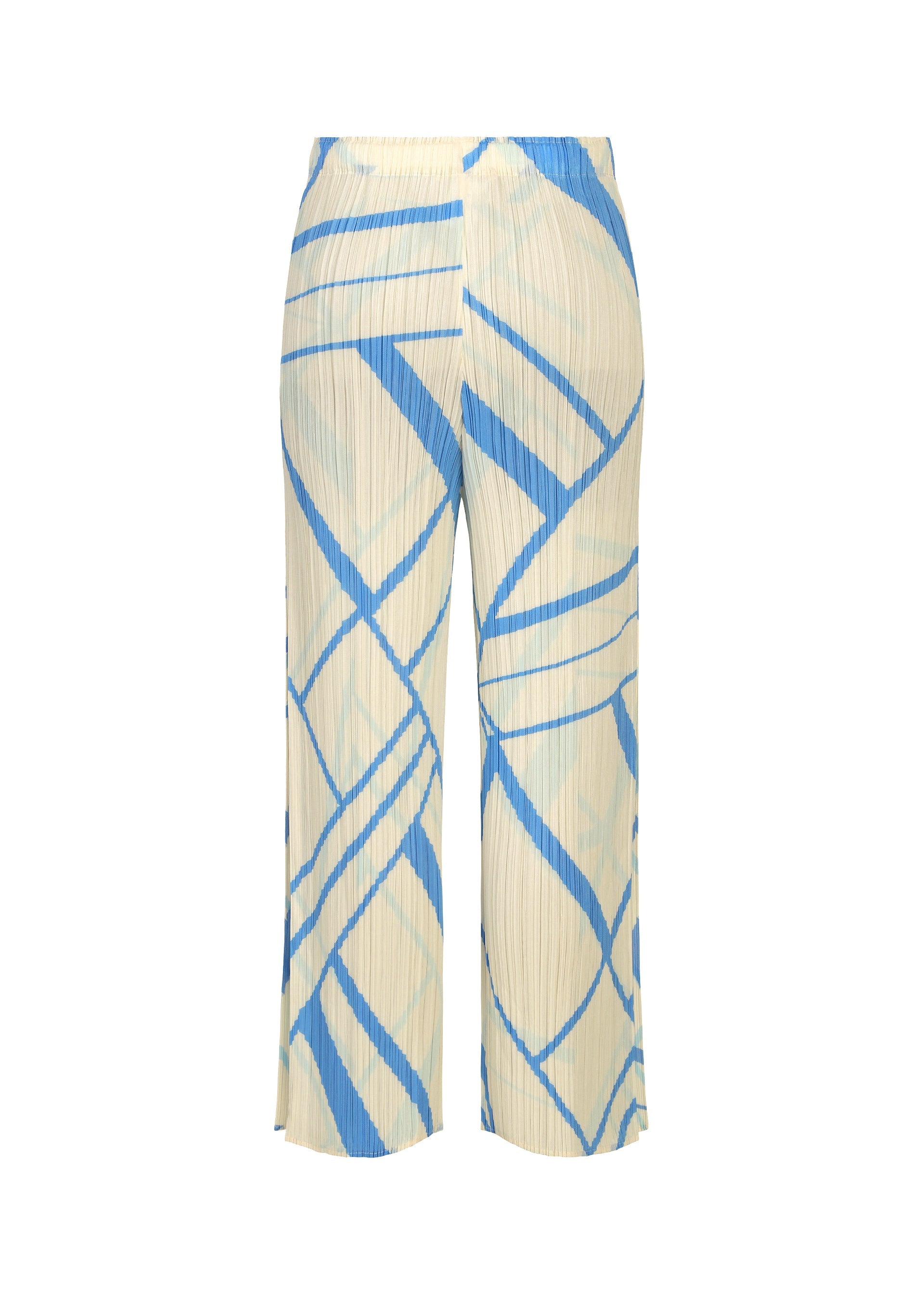 Zoomed view FOLD LINE pleated pants by PLEATS PLEASE ISSEY MIYAKE in cream, featuring an abstract blue diagonal wrapping line pattern. These straight, high-waisted pants have a loose fit and minimalist design, shown on a white background.