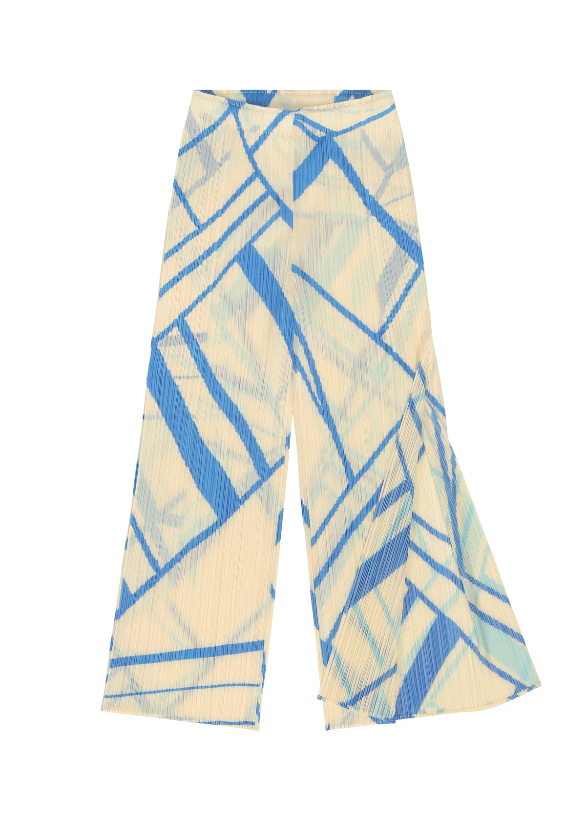 The FOLD LINE pants by PLEATS PLEASE ISSEY MIYAKE feature a cream base with a blue abstract diagonal wrapping pattern, wide legs, pleats, and a high-waisted, minimalist design. view 4 of 8