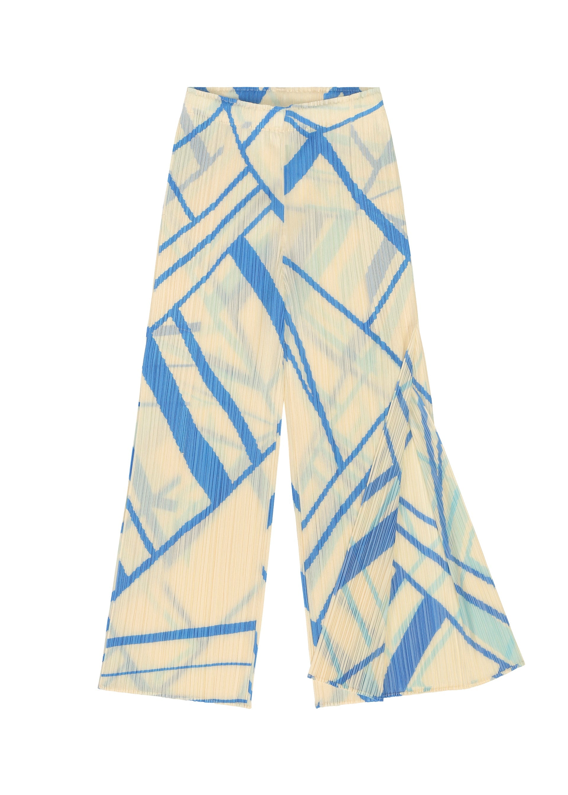 Zoomed view The FOLD LINE pants by PLEATS PLEASE ISSEY MIYAKE feature a cream base with a blue abstract diagonal wrapping pattern, wide legs, pleats, and a high-waisted, minimalist design.