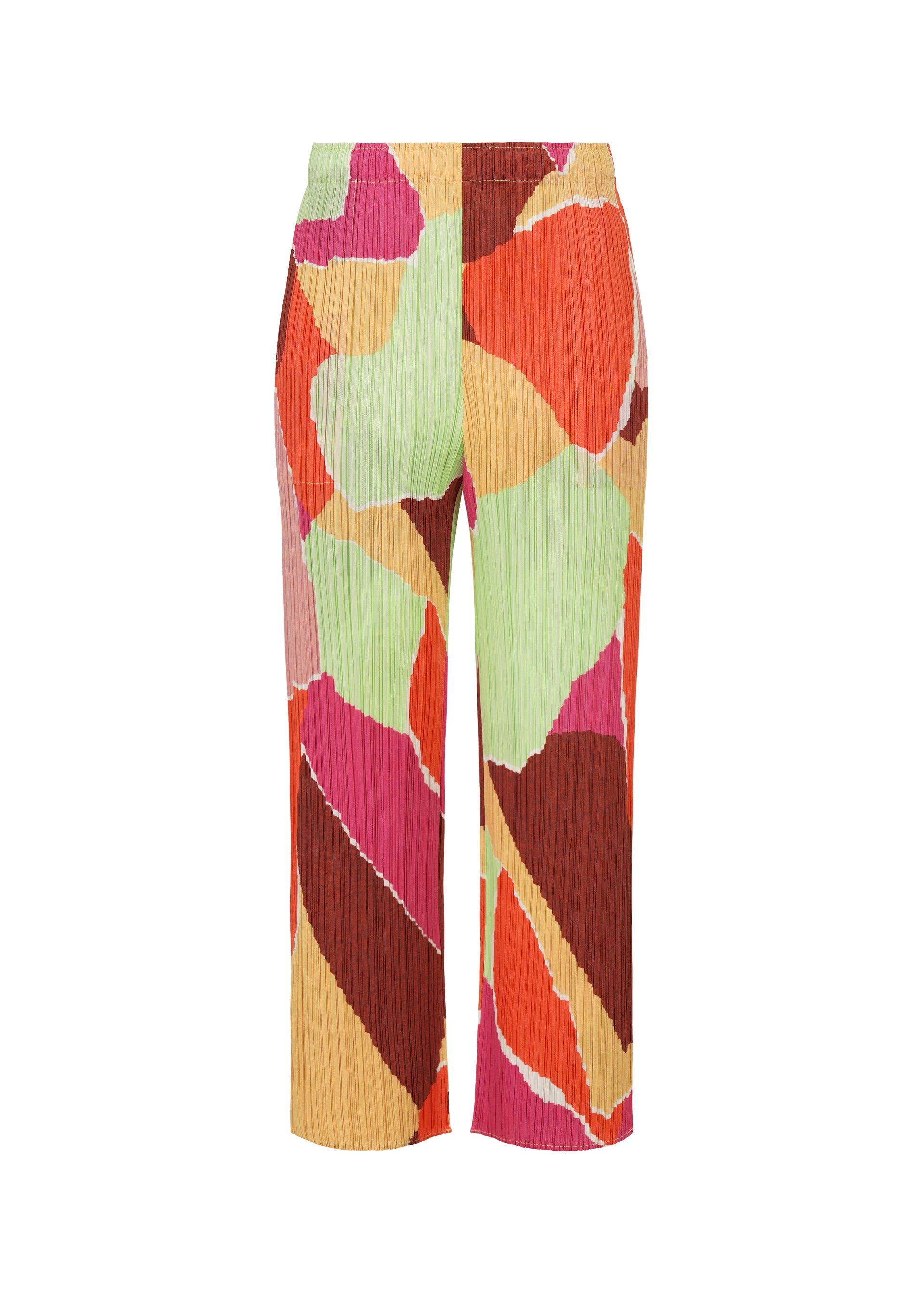 Zoomed view The SURPRISE! pants by PLEATS PLEASE ISSEY MIYAKE feature a vibrant abstract patchwork pattern in red, orange, pink, lime green, and yellow. These high-waisted, straight-leg pleated pants are designed with a unique and striking look. - ORANGE （no.32）