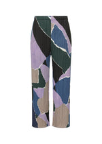 The SURPRISE! pants by PLEATS PLEASE ISSEY MIYAKE showcase a vibrant abstract geometric pattern in black, blue, green, beige, and purple. These thin pleated straight-leg pants feature a unique design with no visible waistband or fastenings. - PURPLE （no.81）