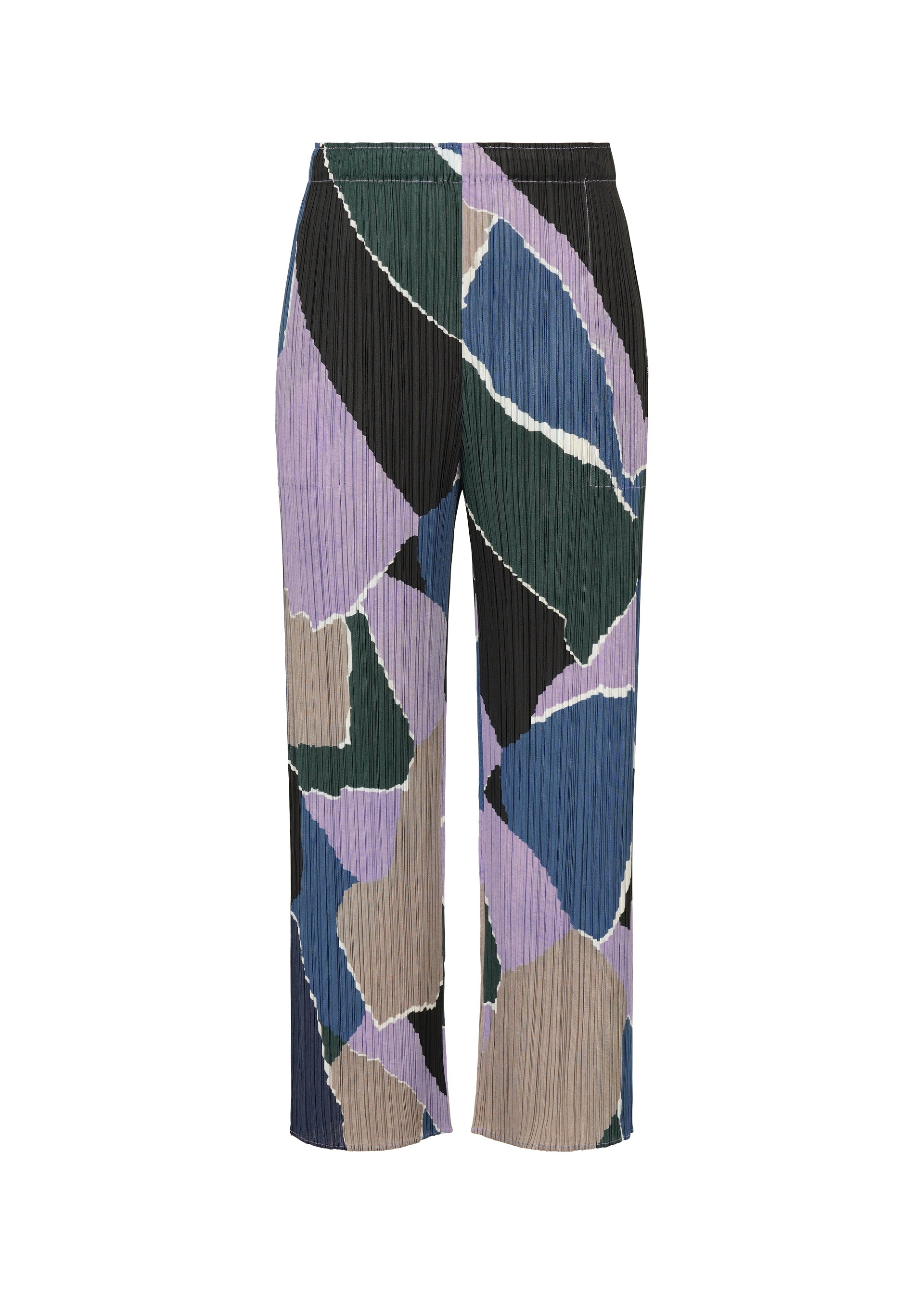 Zoomed view The SURPRISE! pants by PLEATS PLEASE ISSEY MIYAKE showcase a vibrant abstract geometric pattern in black, blue, green, beige, and purple. These thin pleated straight-leg pants feature a unique design with no visible waistband or fastenings. - PURPLE （no.81）