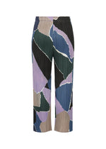 The SURPRISE! wide-leg pants by PLEATS PLEASE ISSEY MIYAKE showcase a striking abstract, multicolored pattern in shades of blue, green, purple, black, and beige. Crafted from pleated fabric with an elastic waistband for comfort and style, these vibrant pants stand out against a plain white background—adding an eye-catching touch to any wardrobe.