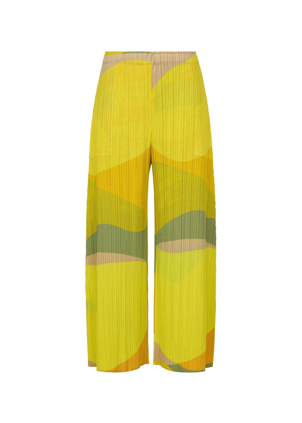 The ORBIT pants by PLEATS PLEASE ISSEY MIYAKE are wide-leg, high-waisted, and pleated, with bold abstract yellow, green, and orange shapes in a lightweight, airy fabric. view 1 of 6