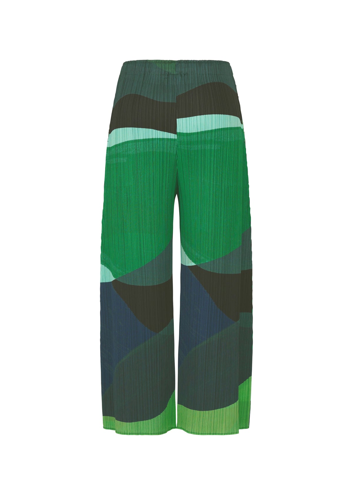The ORBIT pants by PLEATS PLEASE ISSEY MIYAKE feature sheer, wide legs with a green abstract pattern of overlapping dark and light green shapes, high waist, pleated texture, shown on a white background. view 3 of 6