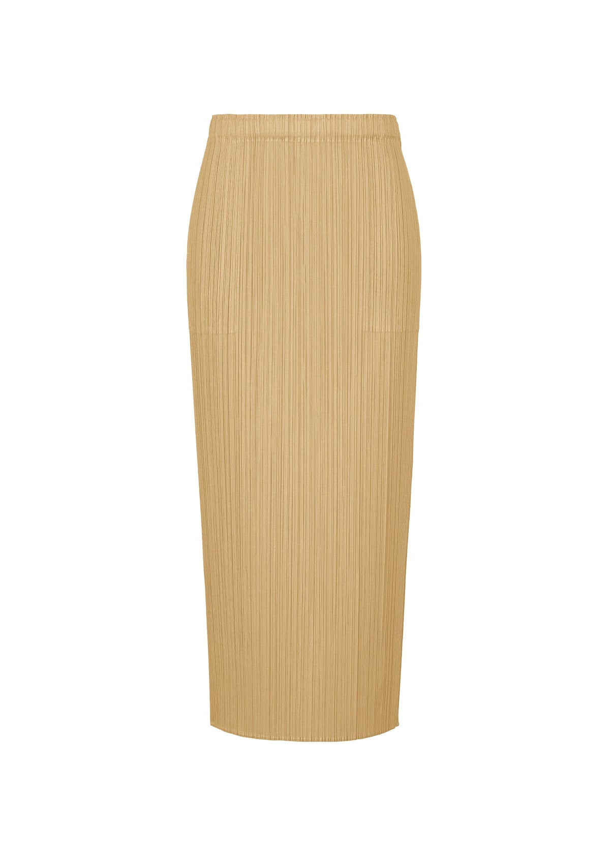 Zoomed view MONTHLY COLORS : OCTOBER by PLEATS PLEASE ISSEY MIYAKE is a beige, high-waisted, midi straight skirt featuring textured pleated fabric, minimalist design with hidden pockets and no visible buttons or zippers. - ASH BEIGE （no.43）
