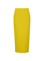 The MONTHLY COLORS : OCTOBER skirt by PLEATS PLEASE ISSEY MIYAKE is a bright yellow, pleated color block design with a fitted waistband and straight silhouette, shown on a plain white background. - YELLOW OCHER （no.55）
