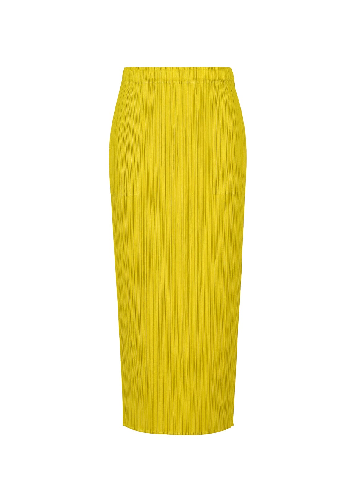 Zoomed view The MONTHLY COLORS : OCTOBER skirt by PLEATS PLEASE ISSEY MIYAKE is a bright yellow, pleated color block design with a fitted waistband and straight silhouette, shown on a plain white background. - YELLOW OCHER （no.55）