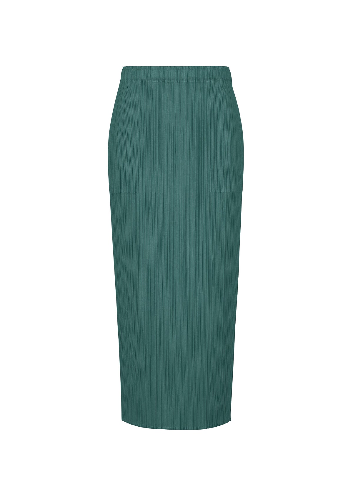 MONTHLY COLORS : OCTOBER by PLEATS PLEASE ISSEY MIYAKE—teal green pleated midi skirt with a straight cut, elastic waistband, and discreet pockets, displayed on a white background. No patterns or embellishments visible. view 4 of 10