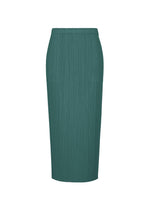 MONTHLY COLORS : OCTOBER by PLEATS PLEASE ISSEY MIYAKE—teal green pleated midi skirt with a straight cut, elastic waistband, and discreet pockets, displayed on a white background. No patterns or embellishments visible. - BLUE GREEN （no.64）