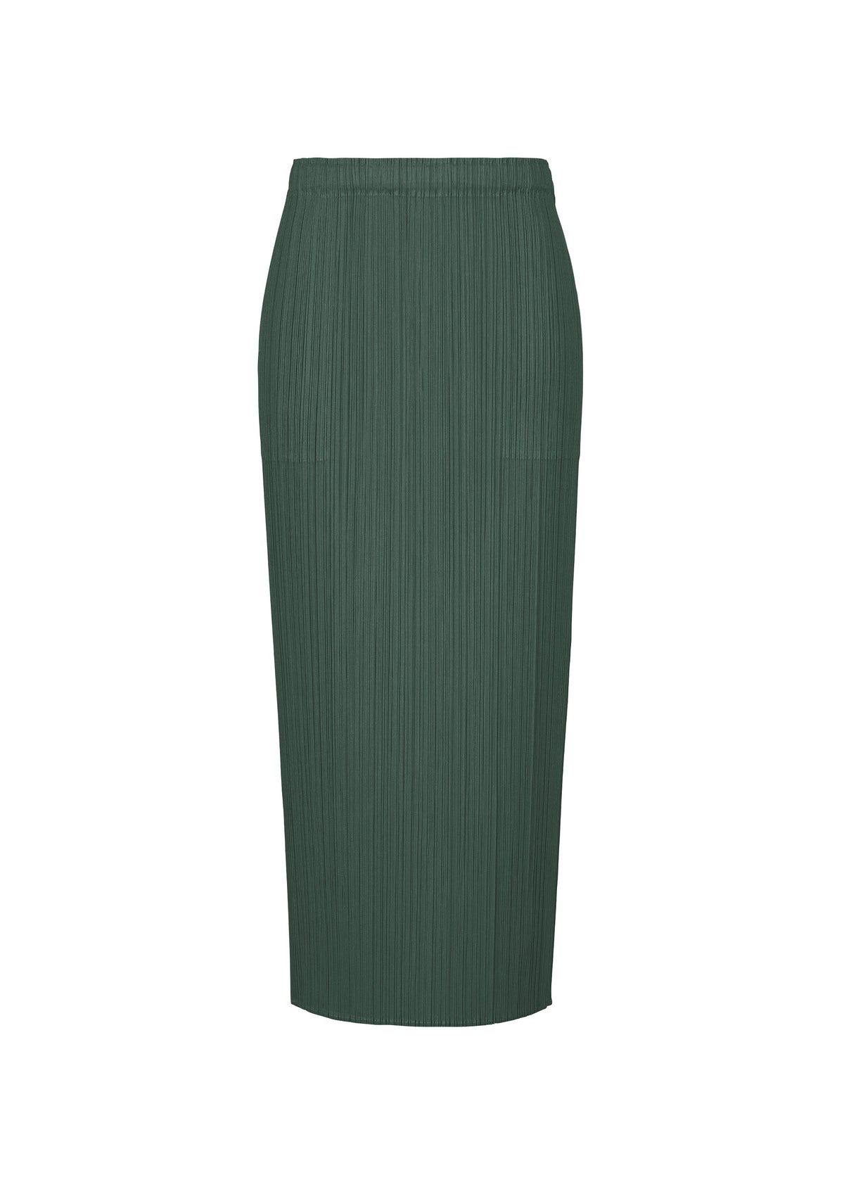 The MONTHLY COLORS : OCTOBER skirt by PLEATS PLEASE ISSEY MIYAKE is a green, high-waisted, midi-length straight skirt with pleats and pockets, shown on a plain white background. view 5 of 10