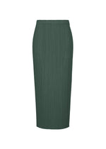 The MONTHLY COLORS : OCTOBER skirt by PLEATS PLEASE ISSEY MIYAKE is a green, high-waisted, midi-length straight skirt with pleats and pockets, shown on a plain white background. - DARK GREEN （no.69）