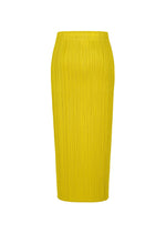 The MONTHLY COLORS : OCTOBER by PLEATS PLEASE ISSEY MIYAKE is a bright yellow, high-waisted, pleated color block skirt with hidden pockets and a straight silhouette, shown on a white background.