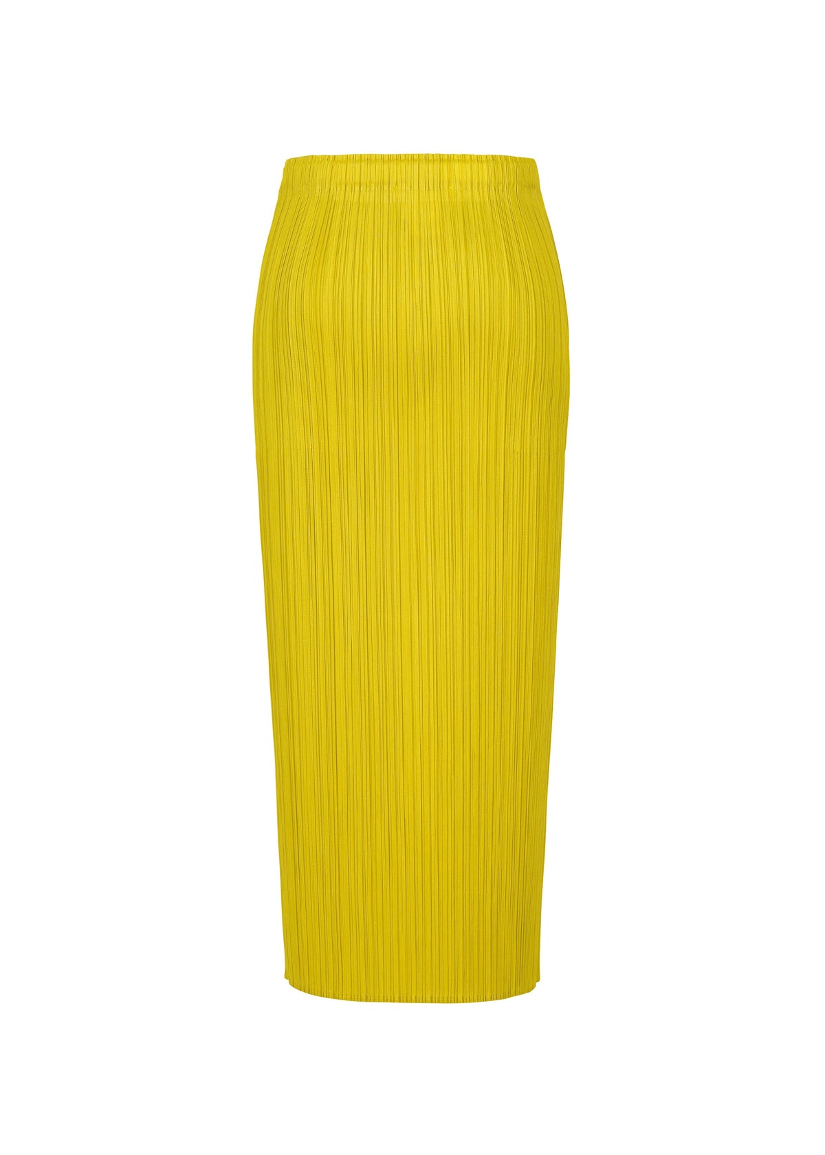 Zoomed view The MONTHLY COLORS : OCTOBER by PLEATS PLEASE ISSEY MIYAKE is a bright yellow, high-waisted, pleated color block skirt with hidden pockets and a straight silhouette, shown on a white background.