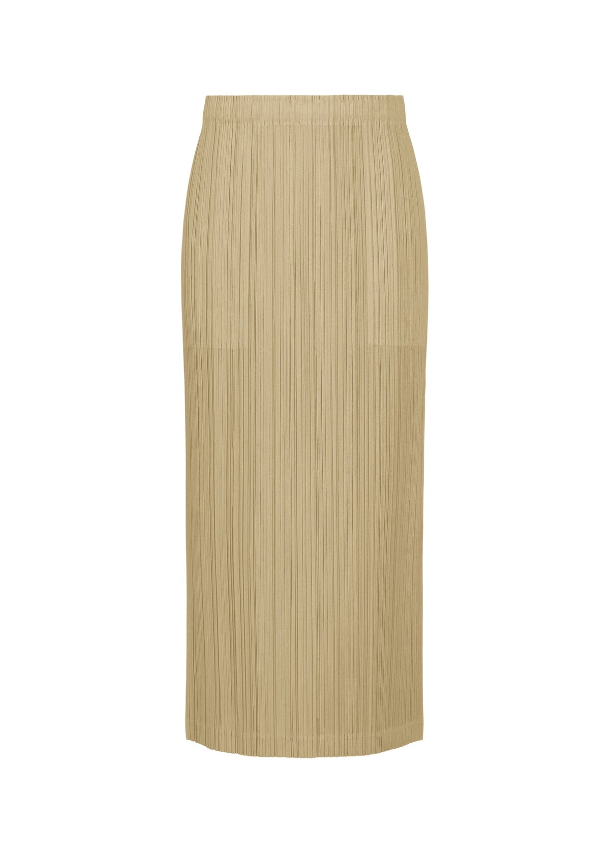 The THICKER BOTTOMS 1 skirt by PLEATS PLEASE ISSEY MIYAKE is a beige, mid-length, pleated skirt made from thick fabric with an elastic waistband for a simple and elegant look. No visible buttons or zippers. view 2 of 8