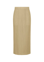 The THICKER BOTTOMS 1 skirt by PLEATS PLEASE ISSEY MIYAKE is a beige, mid-length, pleated skirt made from thick fabric with an elastic waistband for a simple and elegant look. No visible buttons or zippers. - SAND BEIGE （no.42）