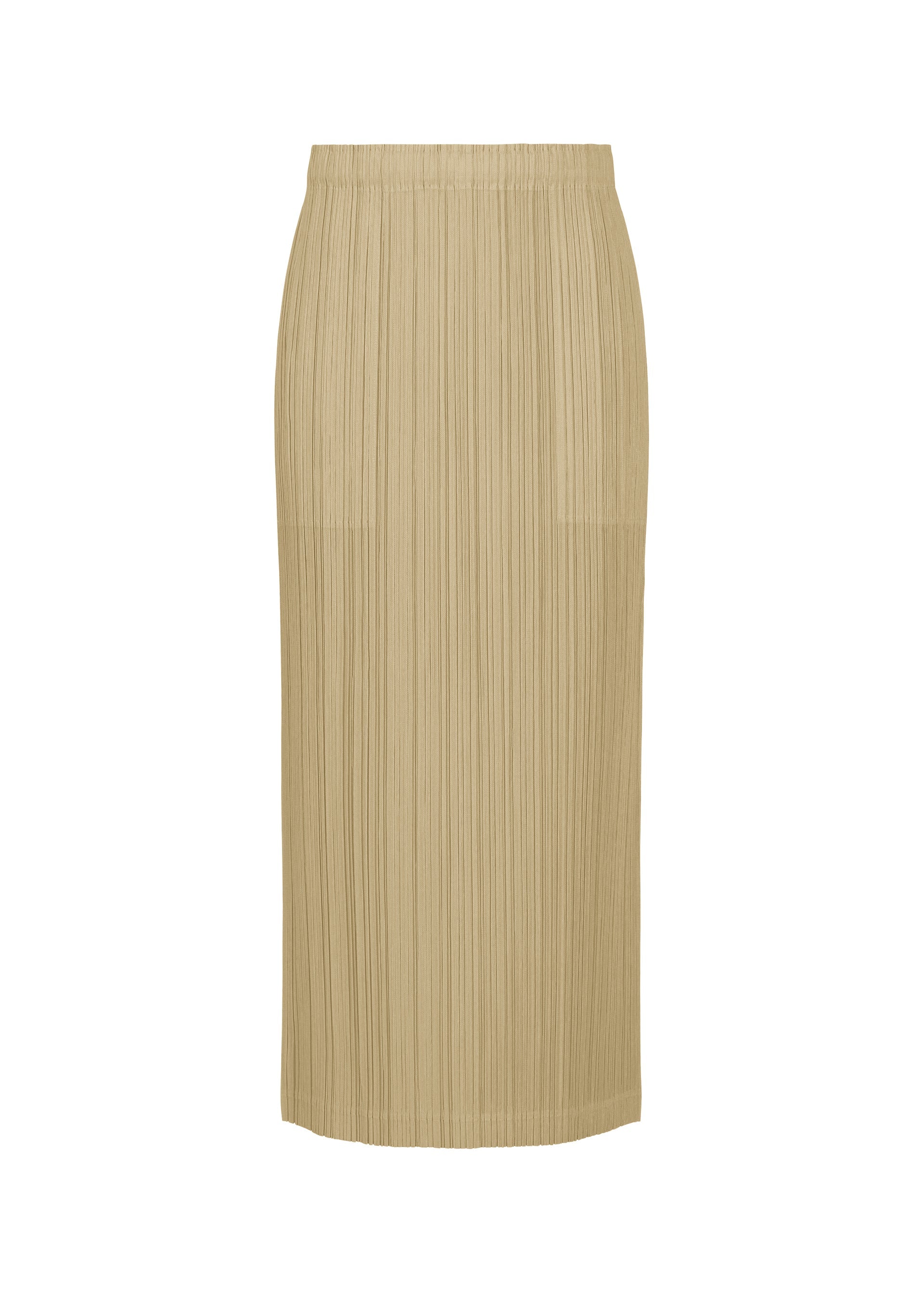 Zoomed view The THICKER BOTTOMS 1 skirt by PLEATS PLEASE ISSEY MIYAKE is a beige, mid-length, pleated skirt made from thick fabric with an elastic waistband for a simple and elegant look. No visible buttons or zippers. - SAND BEIGE （no.42）