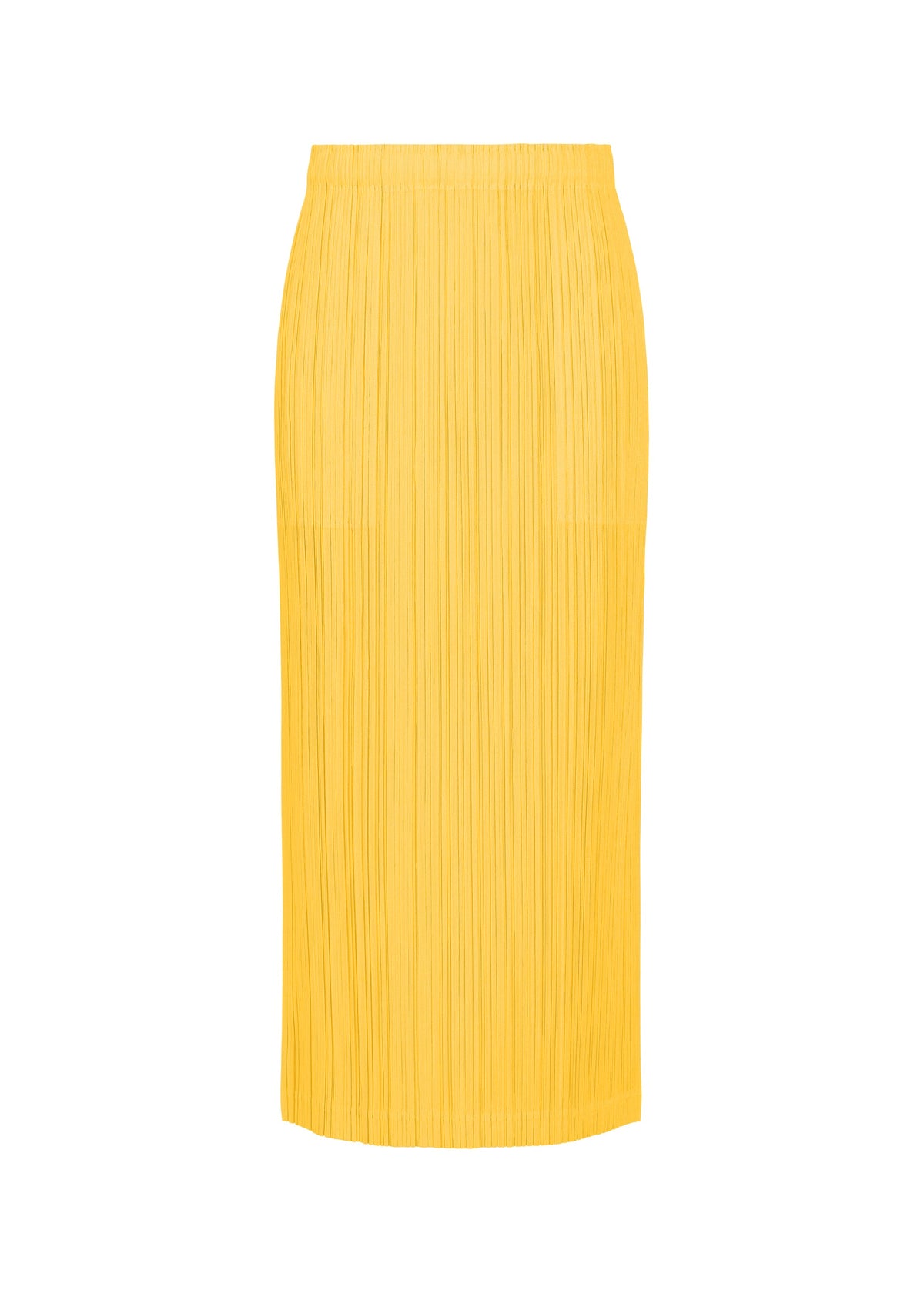 THICKER BOTTOMS 1 by PLEATS PLEASE ISSEY MIYAKE is a bright yellow, high-waisted pleated midi skirt with a straight silhouette, made from thick fabric and featuring an elastic waistband, shown against a white background. view 7 of 8