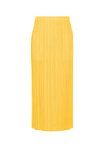 THICKER BOTTOMS 1 by PLEATS PLEASE ISSEY MIYAKE is a bright yellow, high-waisted pleated midi skirt with a straight silhouette, made from thick fabric and featuring an elastic waistband, shown against a white background. - YELLOW （no.52）