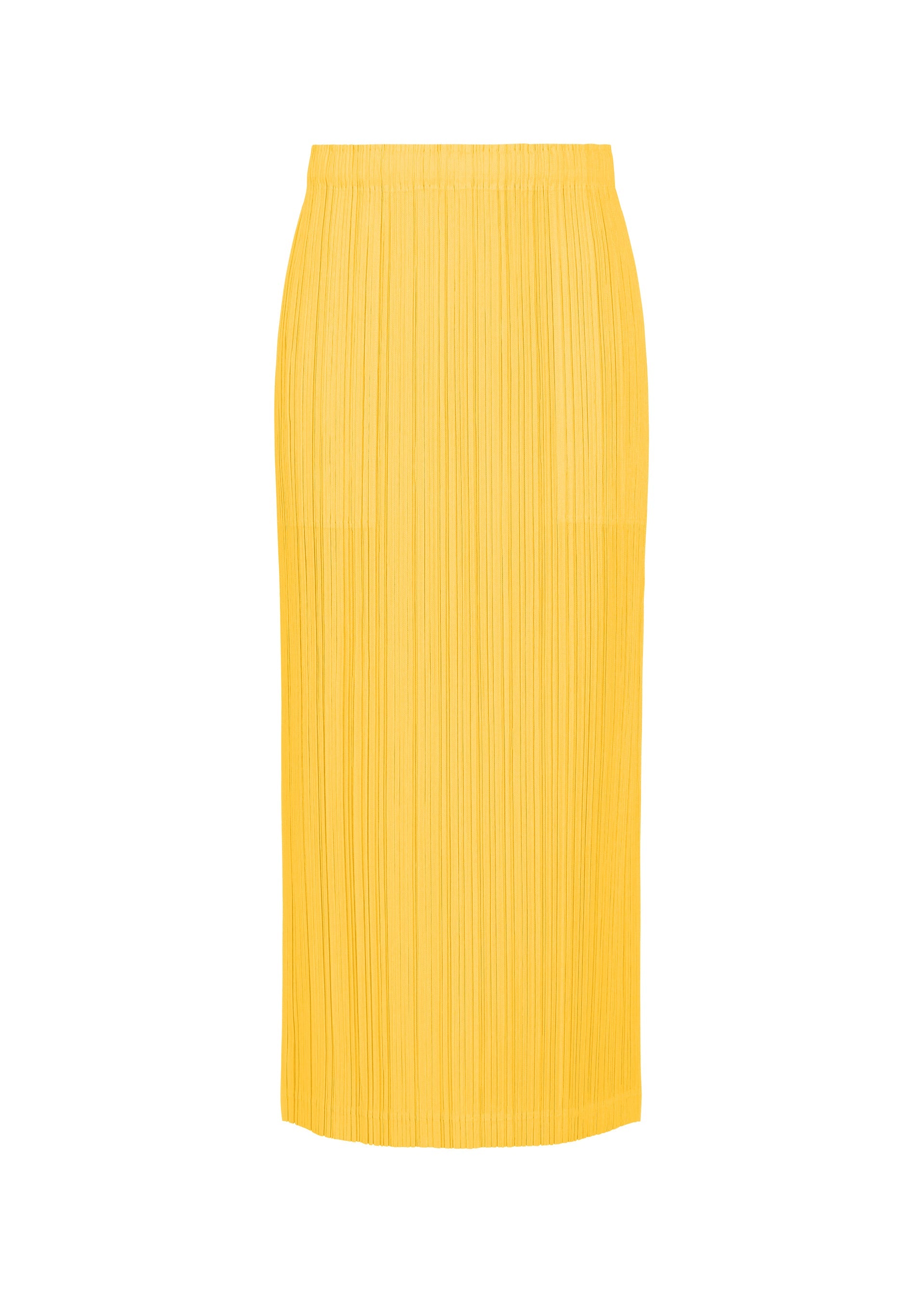 Zoomed view THICKER BOTTOMS 1 by PLEATS PLEASE ISSEY MIYAKE is a bright yellow, high-waisted pleated midi skirt with a straight silhouette, made from thick fabric and featuring an elastic waistband, shown against a white background. - YELLOW （no.52）