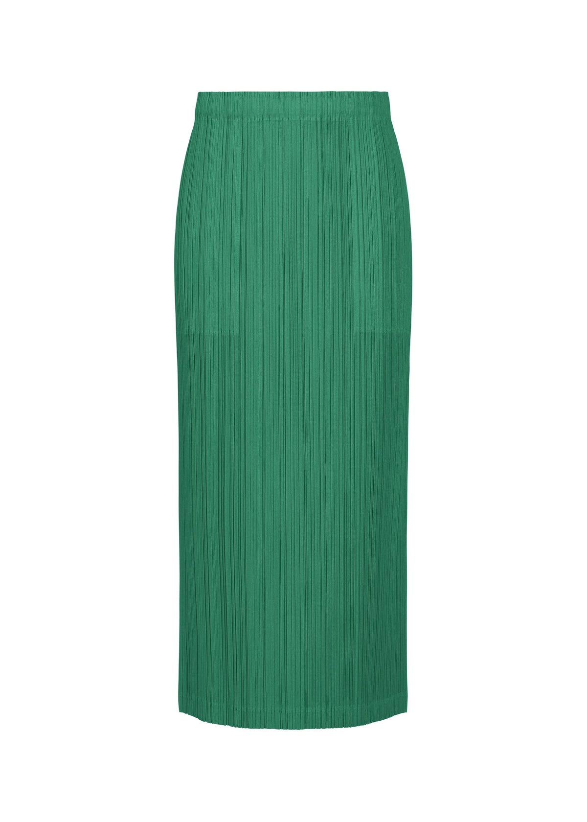 The THICKER BOTTOMS 1 skirt by PLEATS PLEASE ISSEY MIYAKE is a green, midi-length straight skirt with pleated texture, crafted from thick fabric. It features an elastic waistband, subtle pockets, and is shown on a plain white background. view 3 of 8