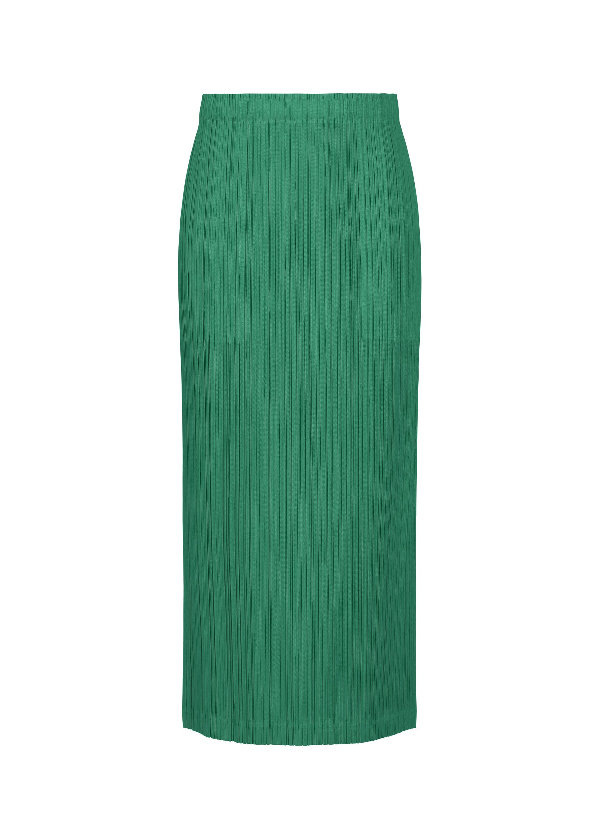 Zoomed view The THICKER BOTTOMS 1 skirt by PLEATS PLEASE ISSEY MIYAKE is a green, midi-length straight skirt with pleated texture, crafted from thick fabric. It features an elastic waistband, subtle pockets, and is shown on a plain white background. - FRESH GREEN （no.67）