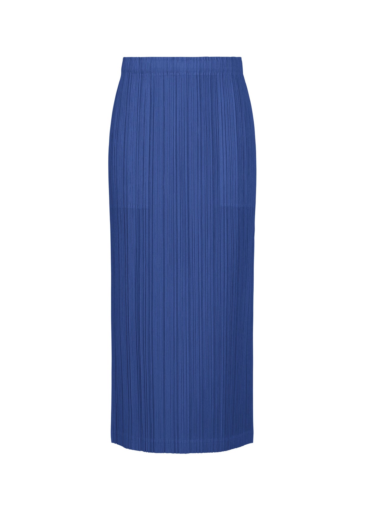 The THICKER BOTTOMS 1 skirt by PLEATS PLEASE ISSEY MIYAKE is knee-length, straight, deep blue with pleats and subtle pockets, made from thick fabric and displayed on a plain white background. view 8 of 8