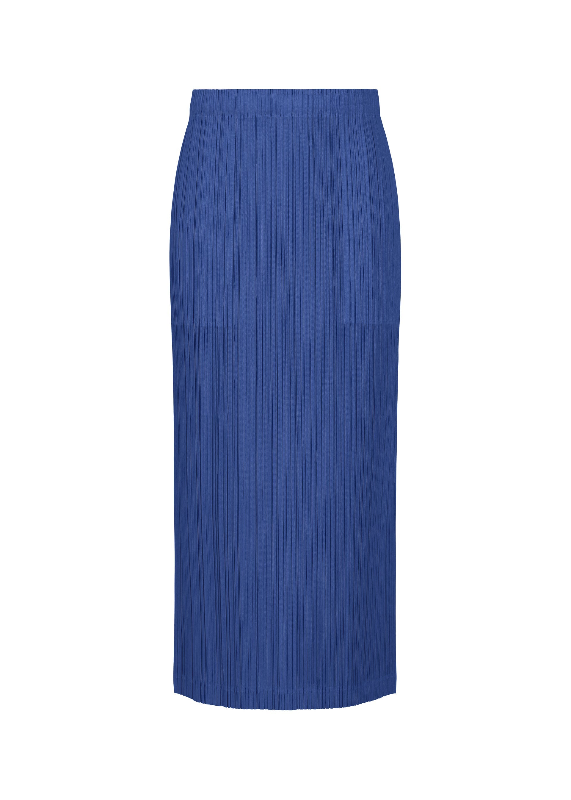 Zoomed view The THICKER BOTTOMS 1 skirt by PLEATS PLEASE ISSEY MIYAKE is knee-length, straight, deep blue with pleats and subtle pockets, made from thick fabric and displayed on a plain white background. - BLUE （no.72）