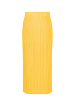 The PLEATS PLEASE ISSEY MIYAKE THICKER BOTTOMS 1 is a long, high-waisted yellow pleated straight skirt with pockets and a sleek silhouette, shown against a plain white background.