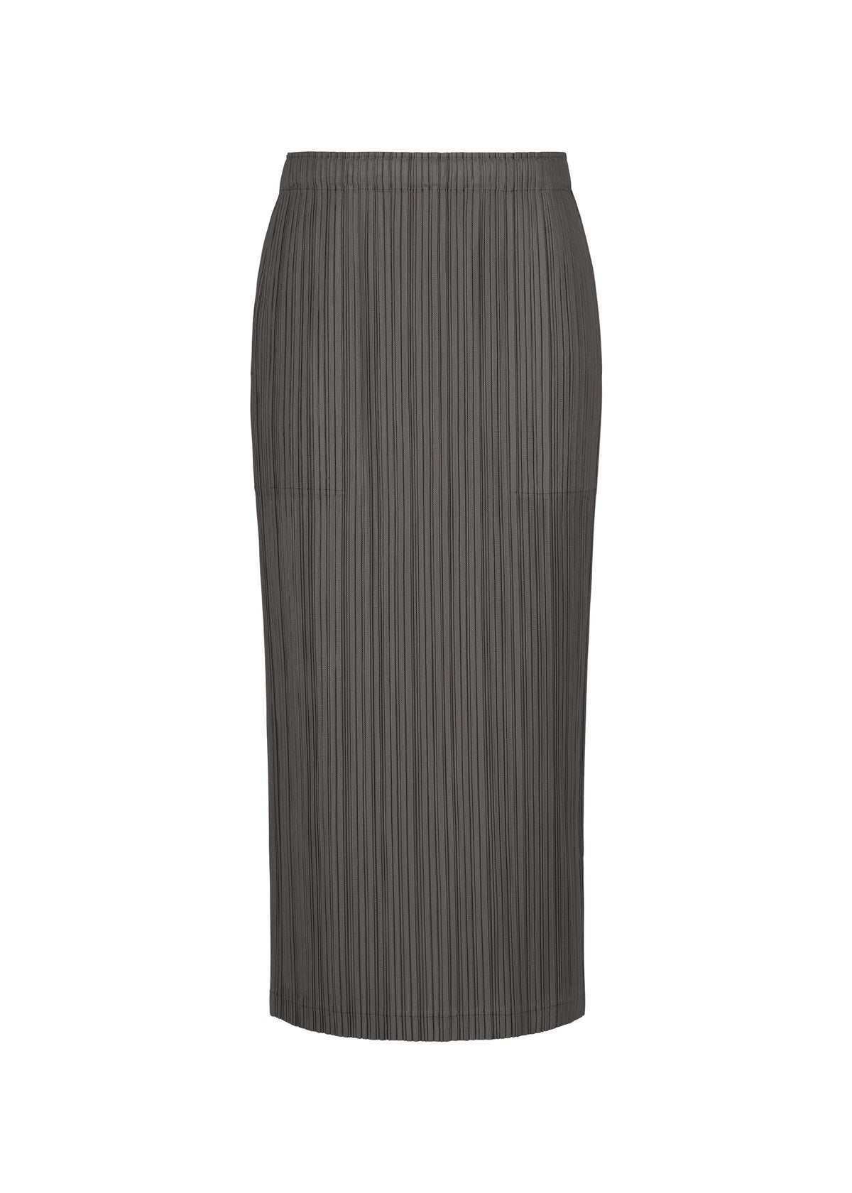 The THICKER BOTTOMS 2 skirt by PLEATS PLEASE ISSEY MIYAKE is a dark gray, high-waisted, knee-length pleated skirt with side pockets, shown against a plain white background. view 1 of 11