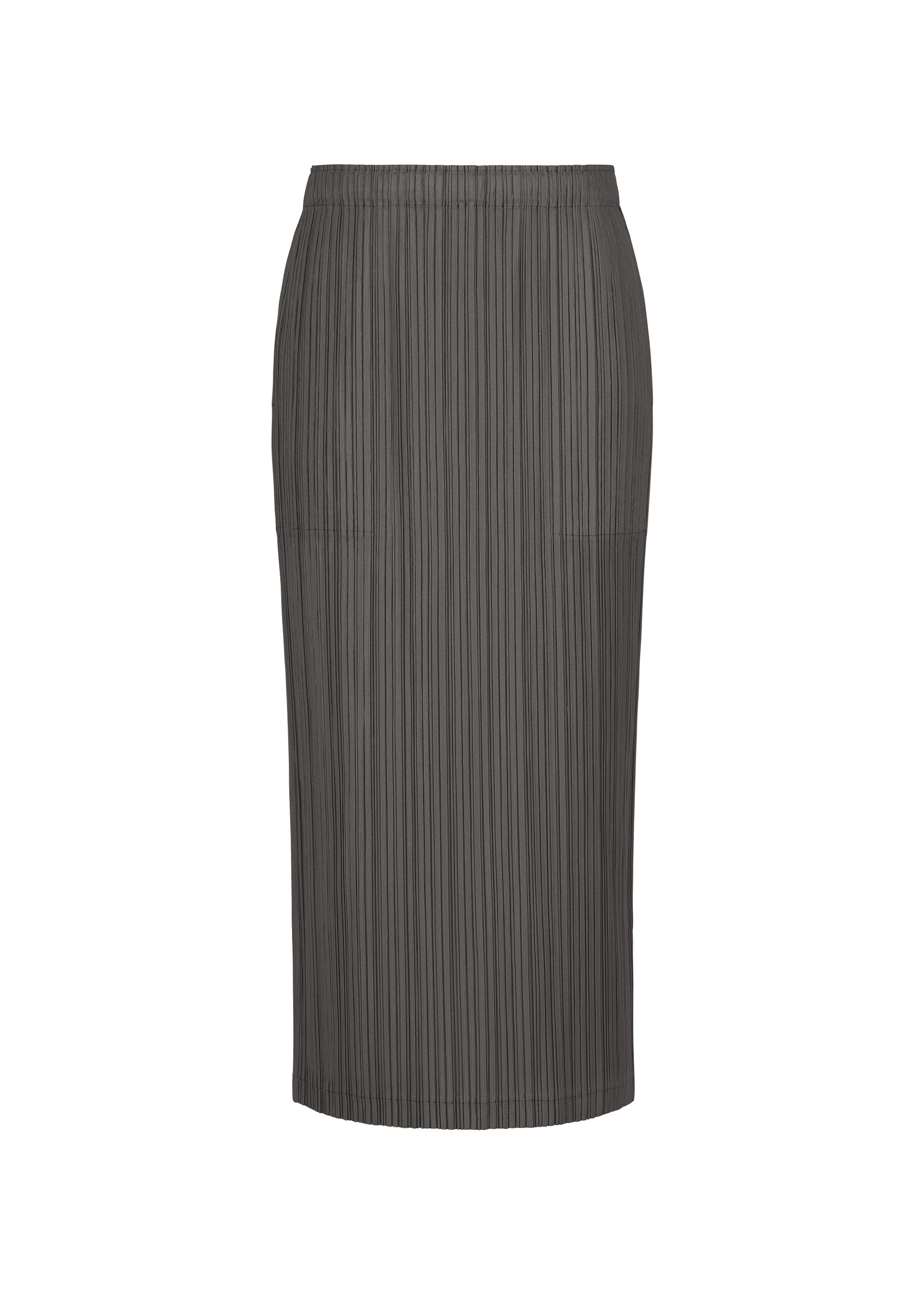 Zoomed view The THICKER BOTTOMS 2 skirt by PLEATS PLEASE ISSEY MIYAKE is a dark gray, high-waisted, knee-length pleated skirt with side pockets, shown against a plain white background. - CHARCOAL （no.17）