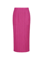The THICKER BOTTOMS 2 skirt by PLEATS PLEASE ISSEY MIYAKE is a vibrant pink, ankle-length pleated piece made from thick fabric, featuring an elastic waistband and convenient side pockets, shown against a plain white background. - MAGENTA （no.29）