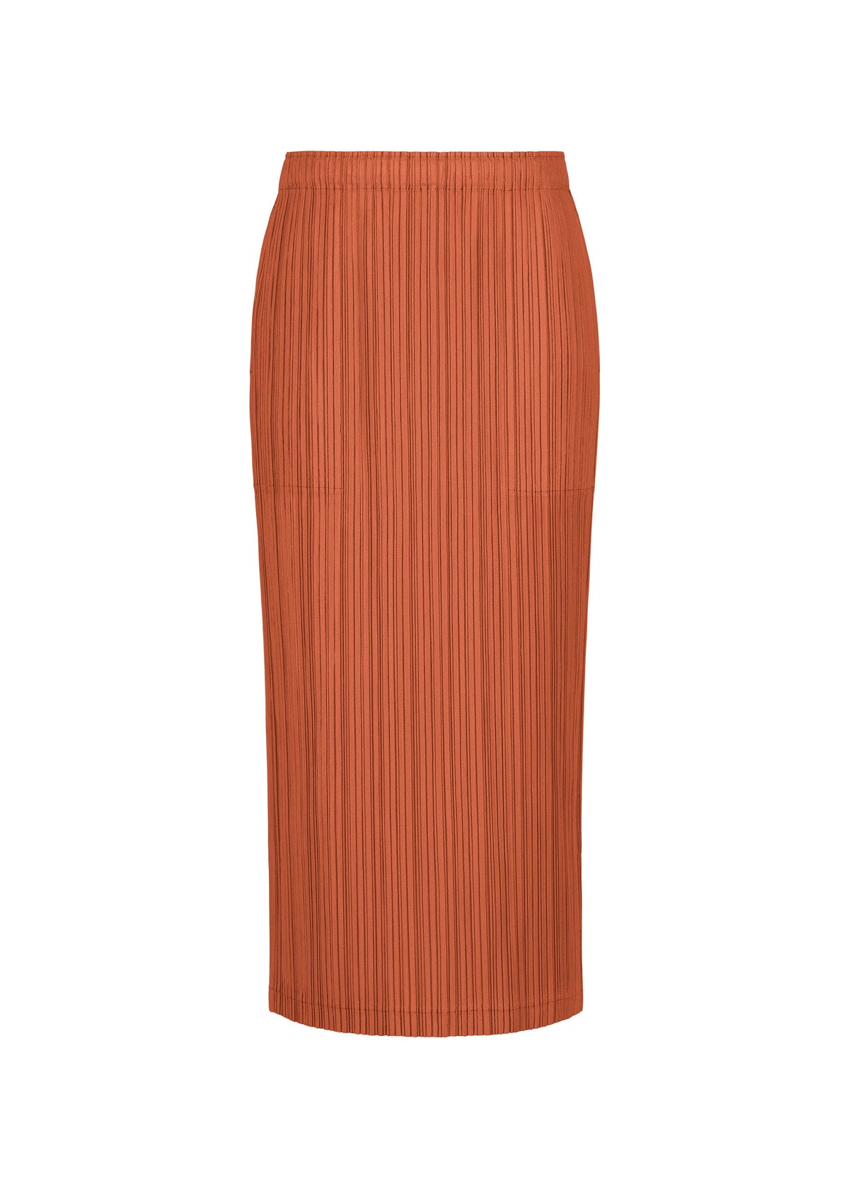 The THICKER BOTTOMS 2 skirt from PLEATS PLEASE ISSEY MIYAKE is a straight, rust-colored midi crafted from thick, pleated fabric with convenient side pockets, displayed against a white background. view 3 of 11