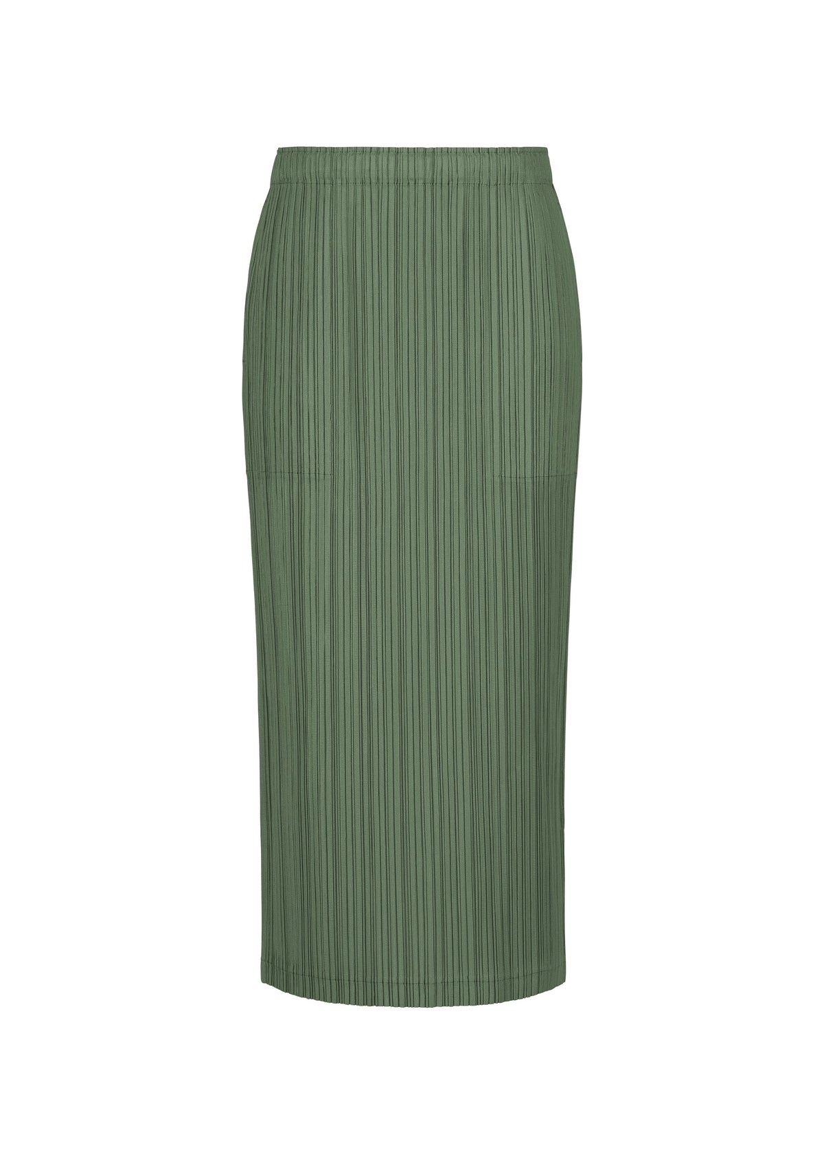 The THICKER BOTTOMS 2 by PLEATS PLEASE ISSEY MIYAKE is a green, high-waisted pleated midi skirt with a straight silhouette, crafted from thick fabric. It features an elastic waistband and practical side pockets, and is shown against a plain white background. view 4 of 11
