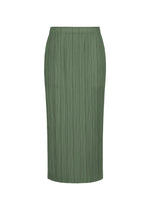 The THICKER BOTTOMS 2 by PLEATS PLEASE ISSEY MIYAKE is a green, high-waisted pleated midi skirt with a straight silhouette, crafted from thick fabric. It features an elastic waistband and practical side pockets, and is shown against a plain white background. - MOSS GREEN （no.68）