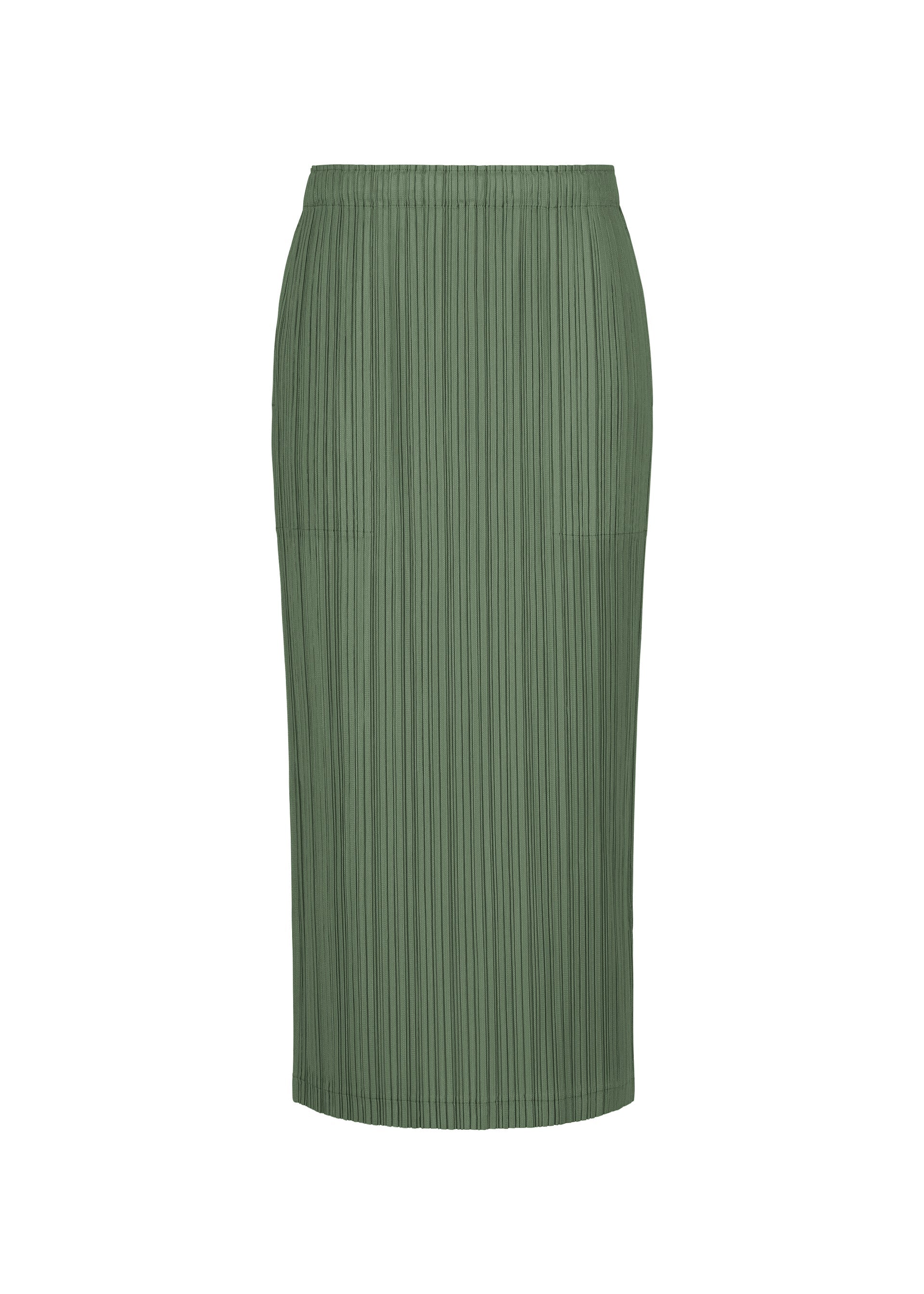 Zoomed view The THICKER BOTTOMS 2 by PLEATS PLEASE ISSEY MIYAKE is a green, high-waisted pleated midi skirt with a straight silhouette, crafted from thick fabric. It features an elastic waistband and practical side pockets, and is shown against a plain white background. - MOSS GREEN （no.68）