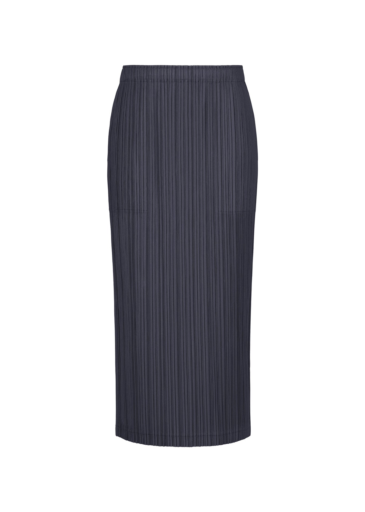 The THICKER BOTTOMS 2 skirt by PLEATS PLEASE ISSEY MIYAKE is a navy blue, knee-length straight skirt made from thick fabric, showcasing vertical pleats and convenient side pockets, displayed against a white background. view 5 of 11