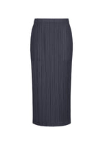 The THICKER BOTTOMS 2 skirt by PLEATS PLEASE ISSEY MIYAKE is a navy blue, knee-length straight skirt made from thick fabric, showcasing vertical pleats and convenient side pockets, displayed against a white background. - NAVY （no.75）