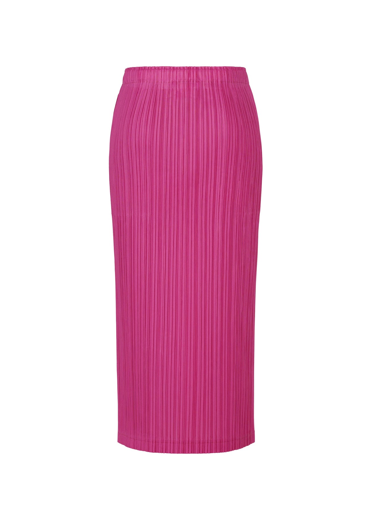 The PLEATS PLEASE ISSEY MIYAKE THICKER BOTTOMS 2 is a bright pink, pleated midi-length skirt made from thick fabric, designed with a straight silhouette, elastic waistband, and practical side pockets, shown against a white background. view 6 of 11
