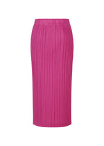 The PLEATS PLEASE ISSEY MIYAKE THICKER BOTTOMS 2 is a bright pink, pleated midi-length skirt made from thick fabric, designed with a straight silhouette, elastic waistband, and practical side pockets, shown against a white background.