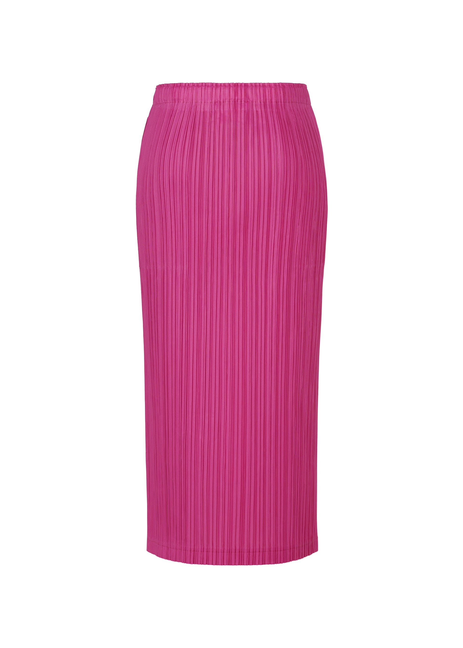 Zoomed view The PLEATS PLEASE ISSEY MIYAKE THICKER BOTTOMS 2 is a bright pink, pleated midi-length skirt made from thick fabric, designed with a straight silhouette, elastic waistband, and practical side pockets, shown against a white background.