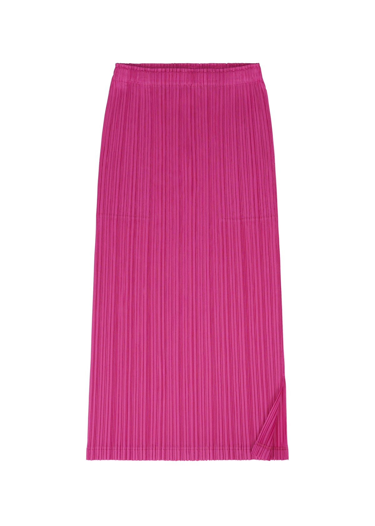 The THICKER BOTTOMS 2 skirt by PLEATS PLEASE ISSEY MIYAKE is a vibrant pink, knee-length pleated piece made from thick fabric, featuring subtle side pockets and a soft fold detail at the bottom right corner, shown against a white background. view 7 of 11