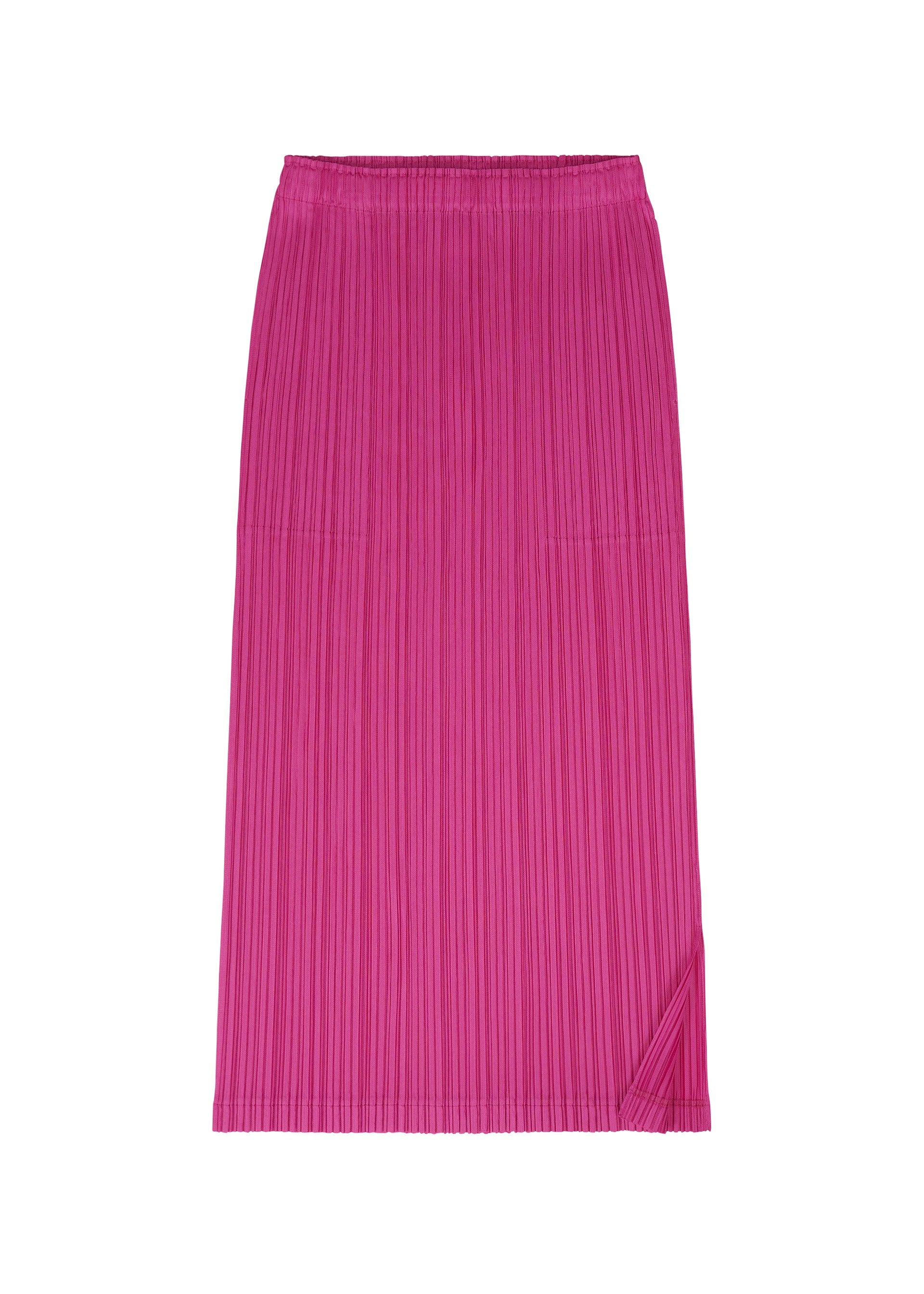 Zoomed view The THICKER BOTTOMS 2 skirt by PLEATS PLEASE ISSEY MIYAKE is a vibrant pink, knee-length pleated piece made from thick fabric, featuring subtle side pockets and a soft fold detail at the bottom right corner, shown against a white background.