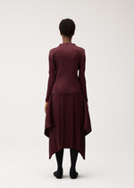 A person stands facing away against a plain light background, wearing the FLUTTER long-sleeved pleated dress by PLEATS PLEASE ISSEY MIYAKE in burgundy. The dress features a distinctive quadrilateral skirt with an asymmetrical hem, paired with black tights and black shoes.
