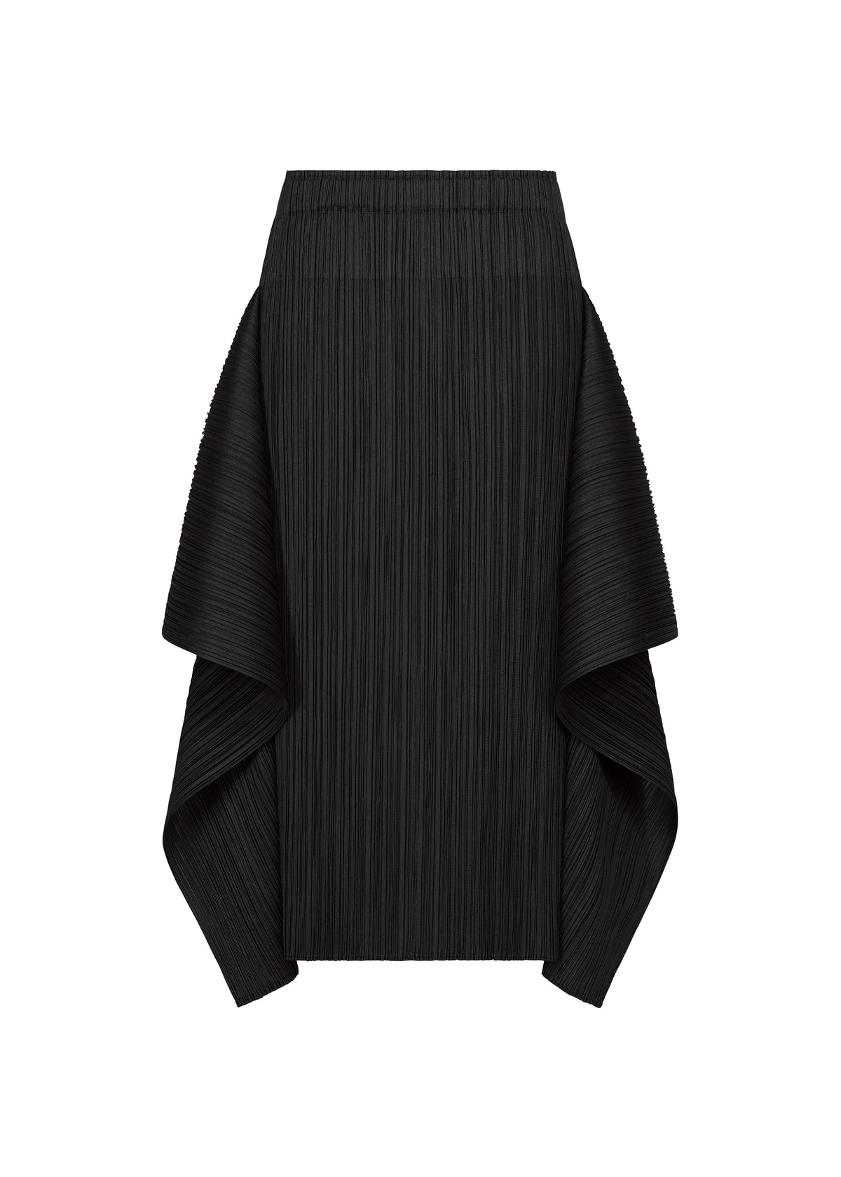 Zoomed view FLUTTER skirt by PLEATS PLEASE ISSEY MIYAKE in black, featuring dramatic wing-like side panels and a sculptural silhouette. The pleated fabric showcases a textured vertical line pattern, highlighting the structured and distinctive design, displayed against a white background. - BLACK （no.15）