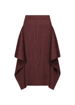 Introducing FLUTTER by PLEATS PLEASE ISSEY MIYAKE—a burgundy, high-waisted pleated skirt featuring a unique draped design on both sides for a sculptural, structured silhouette. Crafted from textured fabric, this skirt offers an elegant and modern look.